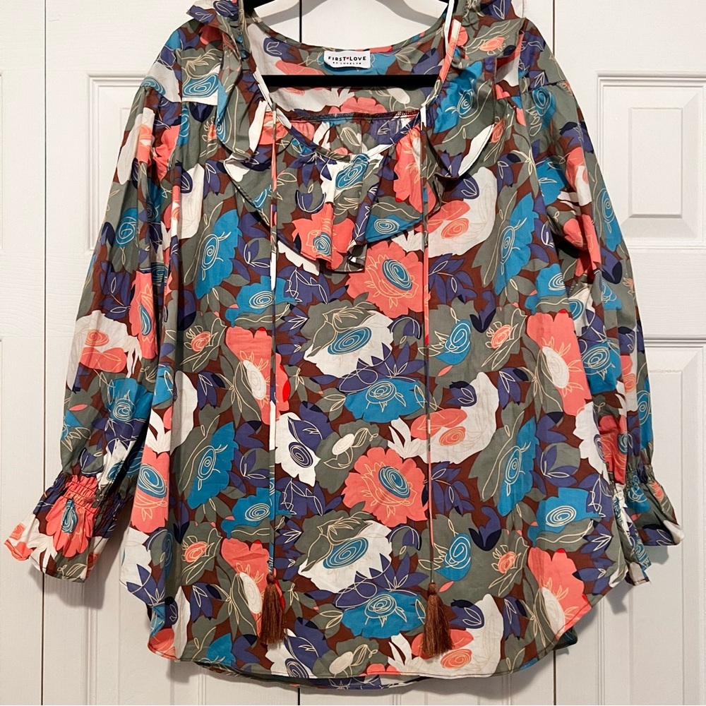 First Love | Cotton Long Sleeve Floral Print Blouse With Ruffle details. - Picture 2 of 10